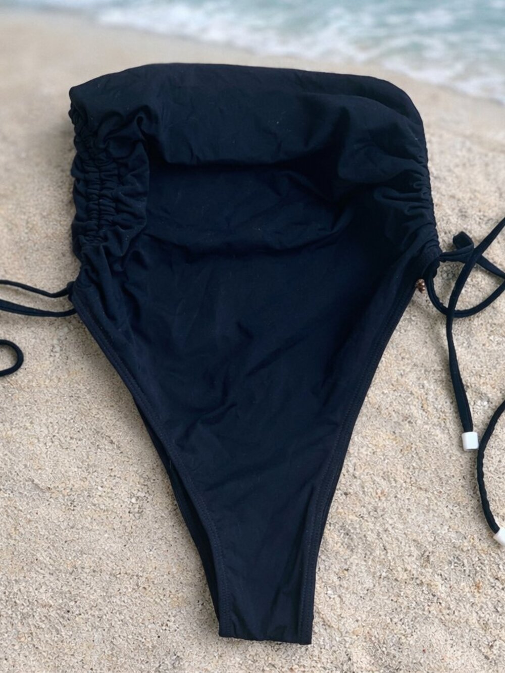 Black Tie Bikini Bottom Adjustable Ruched Swimwear Minimalist Beach Chic